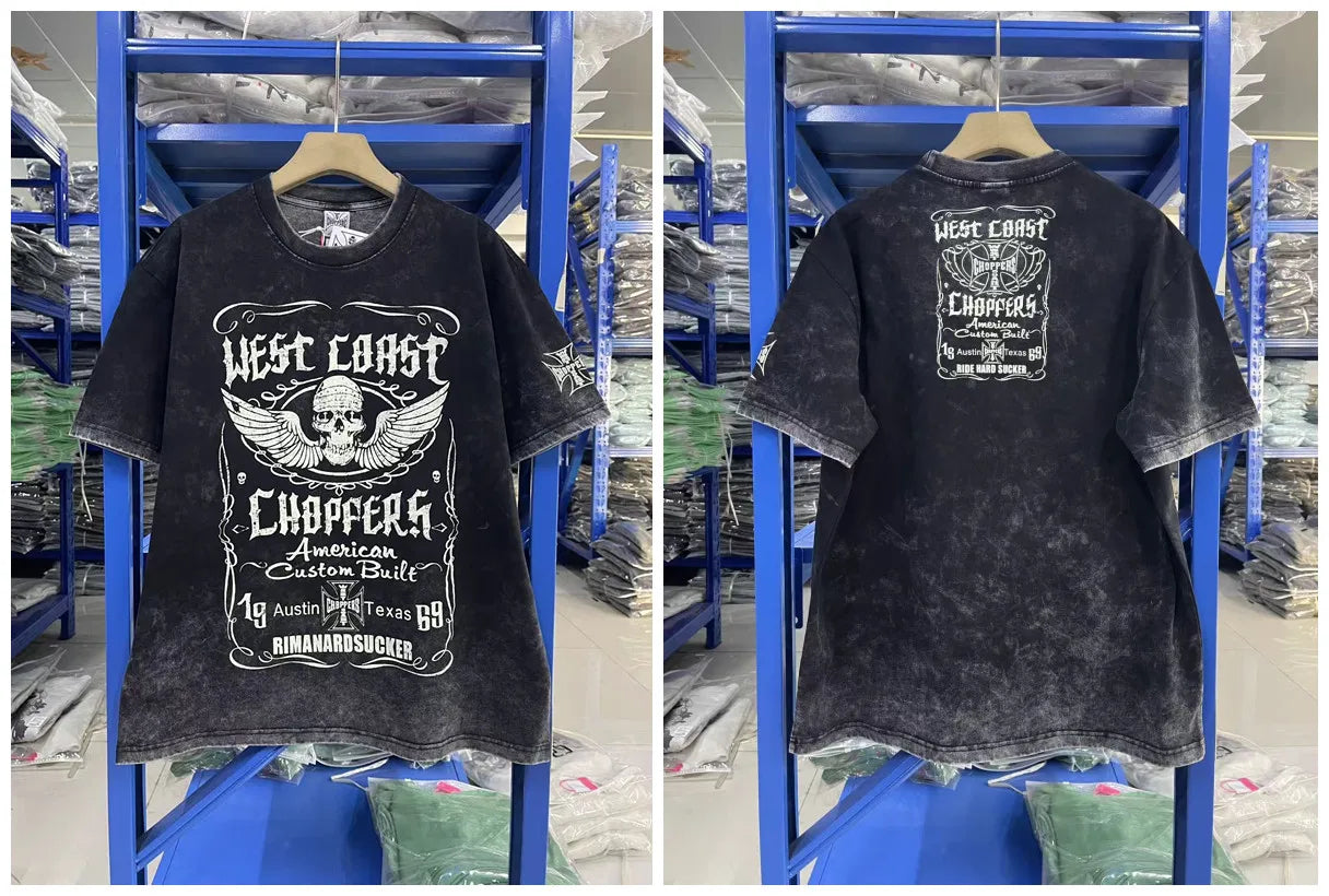 New fashion Y2K West Coast Choppers 26SS 1972 Retro Modified Car Printed Water Washed Vintage Men's Loose T-shirt Large Top