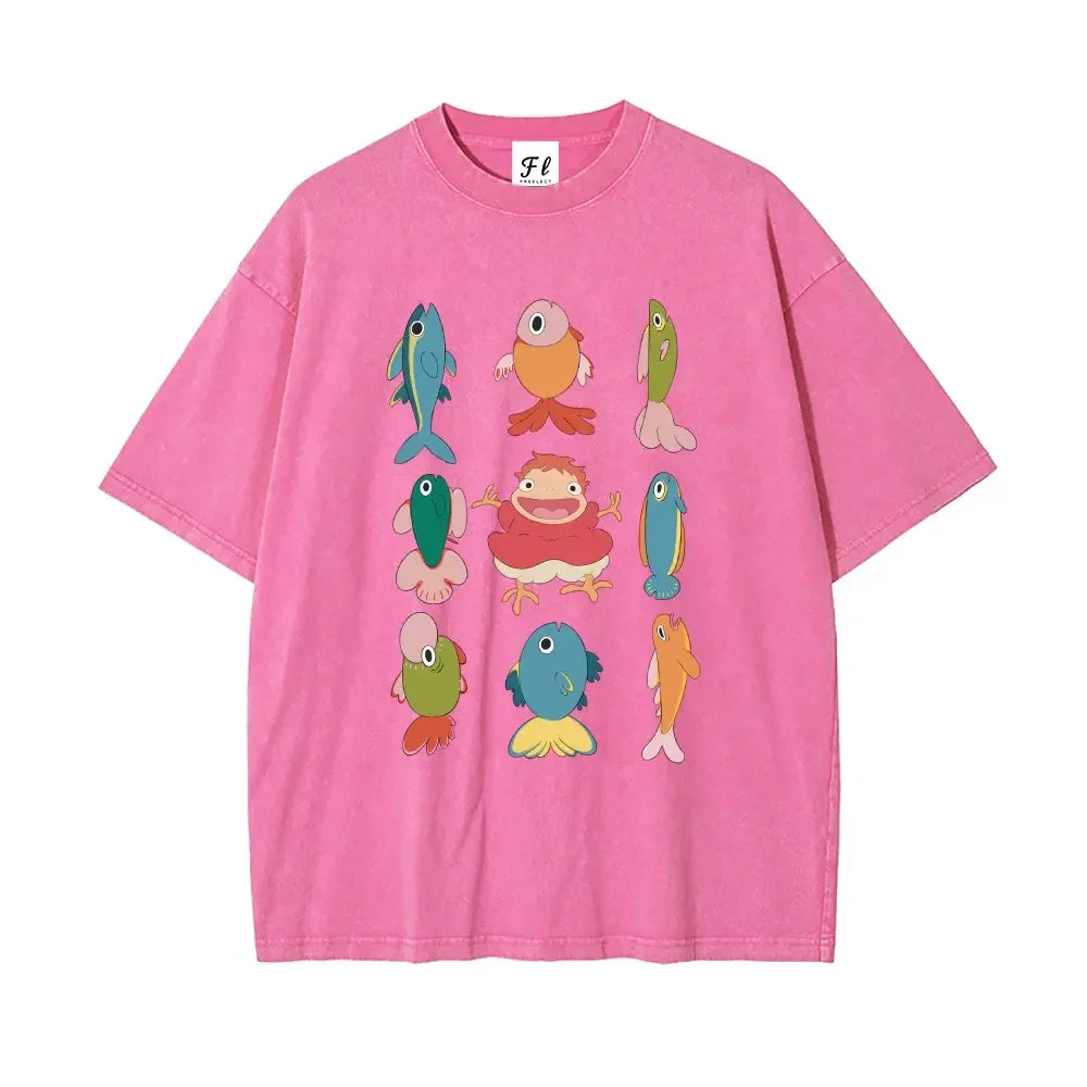 Studio Ghibli Ponyo with Colorful Fish Print Washed T-Shirt