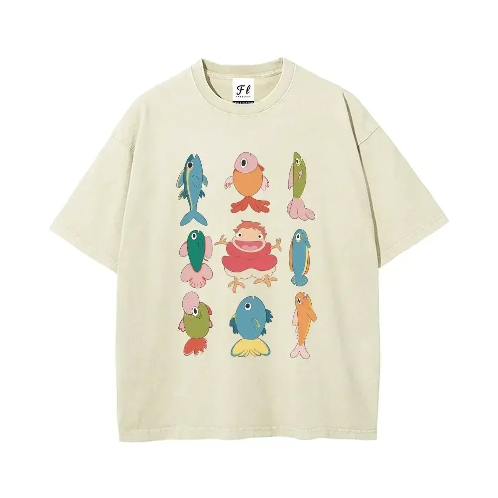 Studio Ghibli Ponyo with Colorful Fish Print Washed T-Shirt