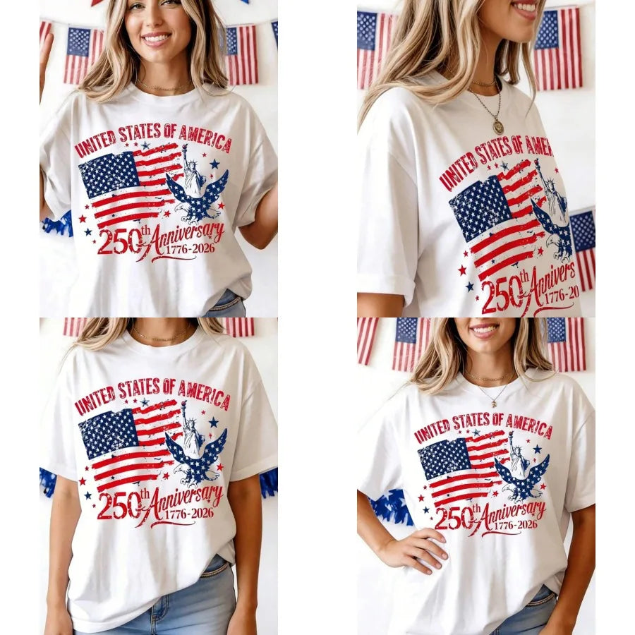【New style】250th America Anniversary Elegant Women Clothes US 250 Years Shirt Retro Women Clothing 100 Persent Cotton Round Nec