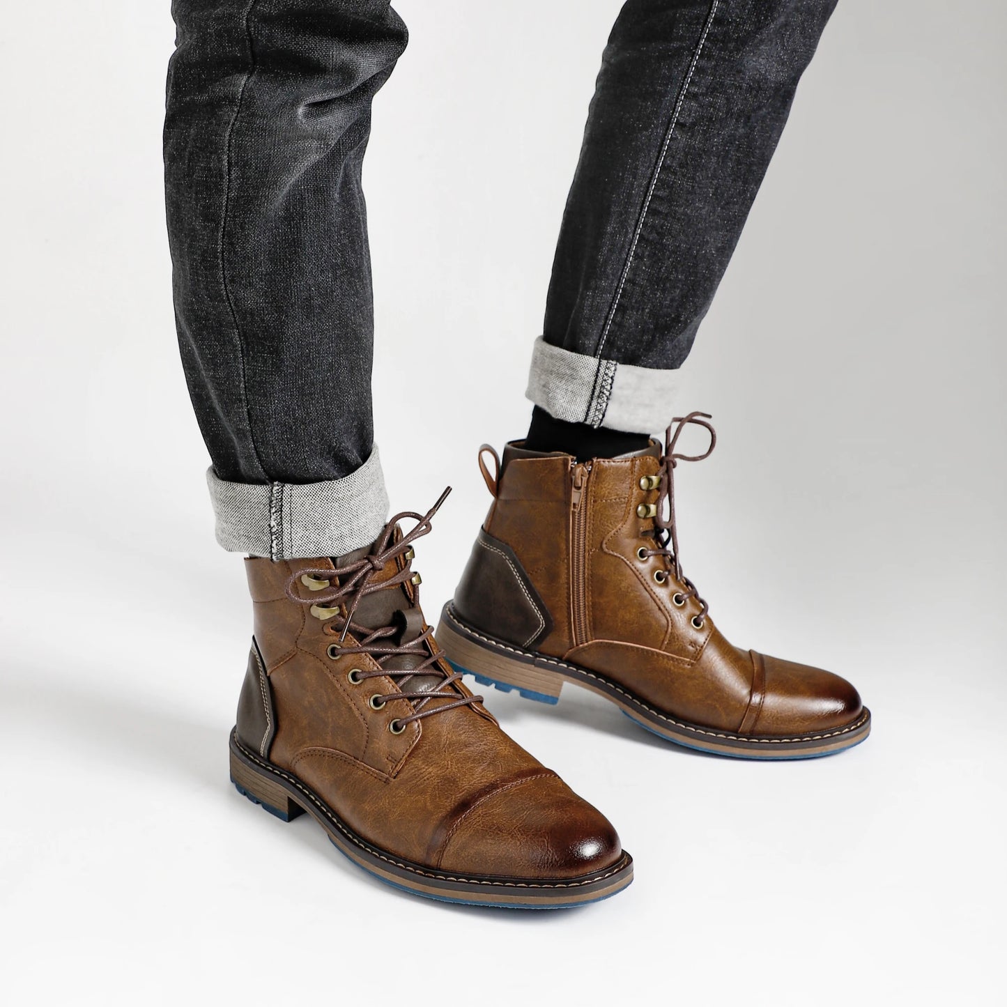 Hecrafted Retro Ankle Leather Boots Zip Closure For Men