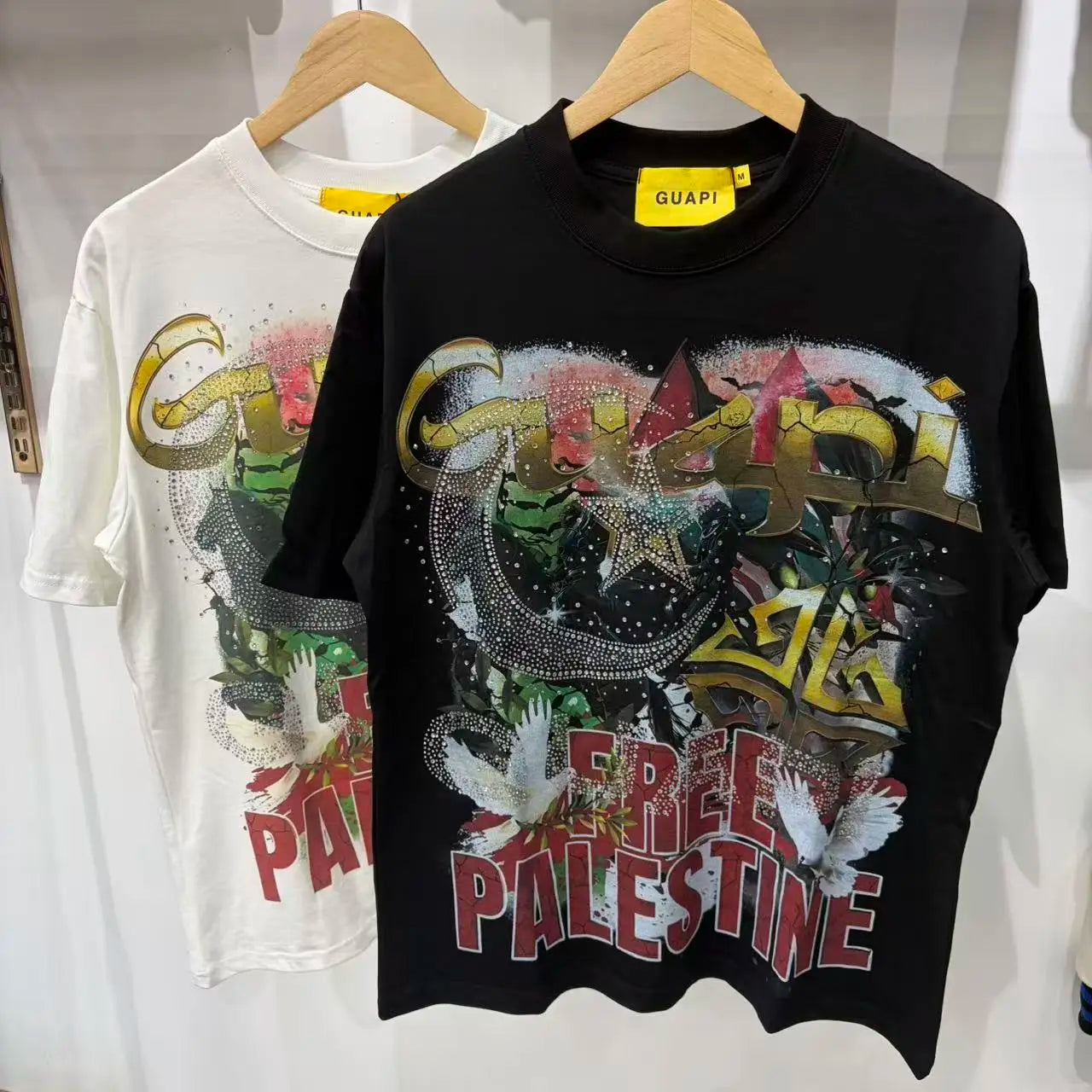 New GUAPI Printed and hotfix rhinestone retro with Washed Oversized 100% cotton Men Women T-shirts Y2K adolescent Fashion T-shirt