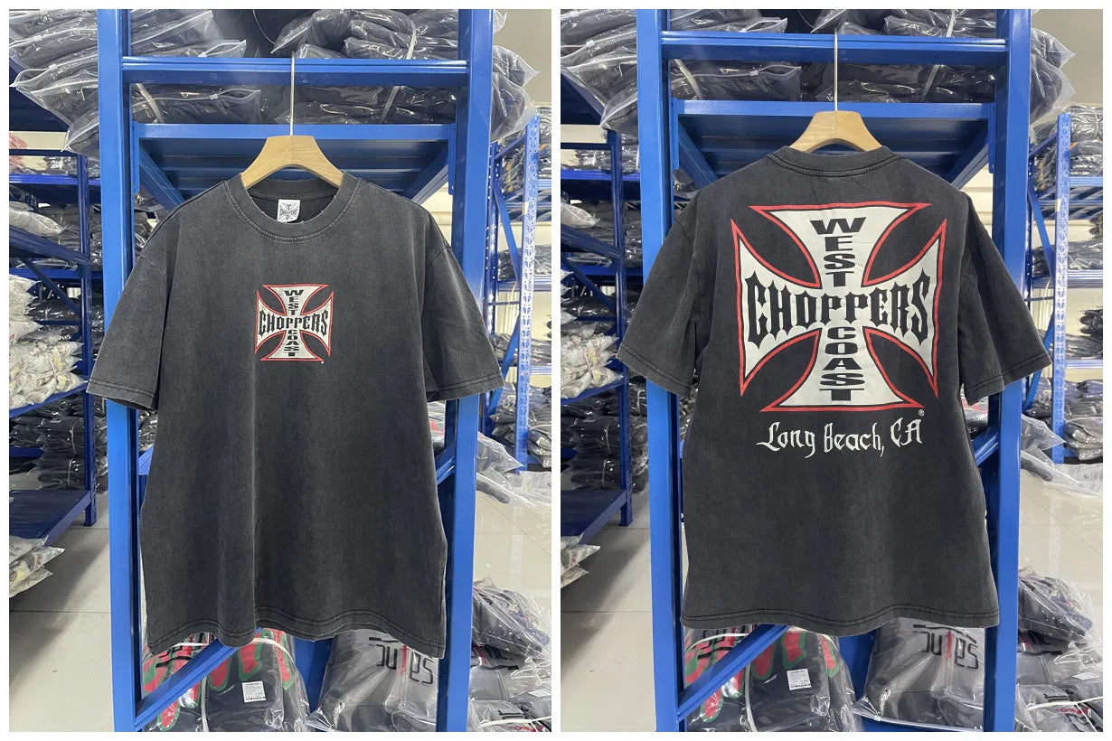 New fashion Y2K West Coast Choppers 26SS 1972 Retro Modified Car Printed Water Washed Vintage Men's Loose T-shirt Large Top