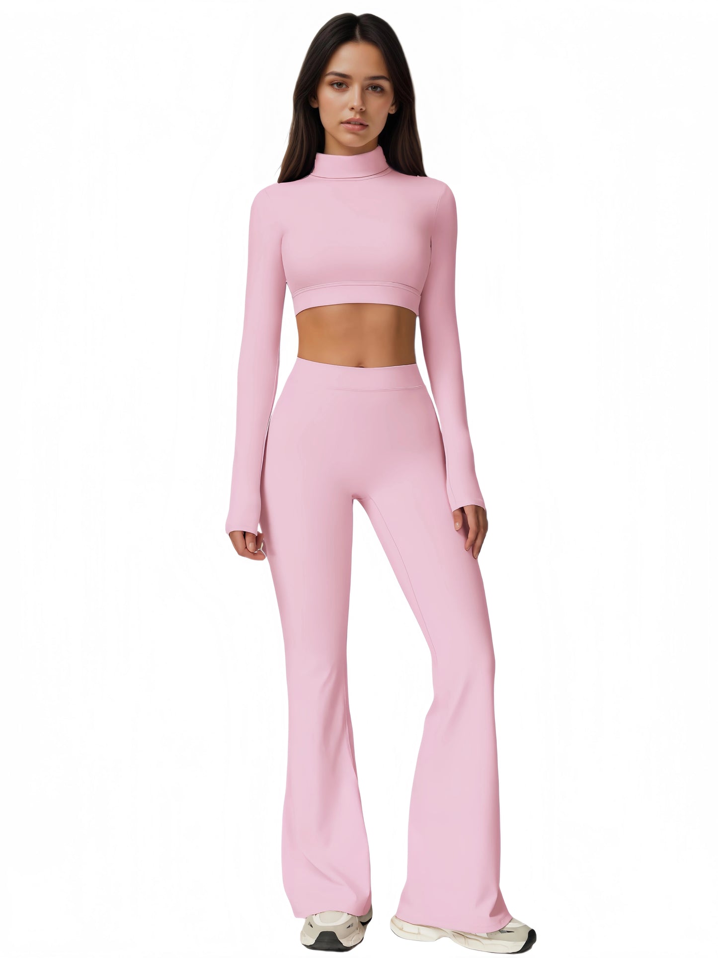 Women's Turtleneck Long Sleeve Yoga Set With Back Cutout Flare Pants