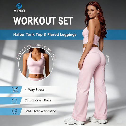 Two Piece Halter Yoga Set With Backless Crop Top Pants