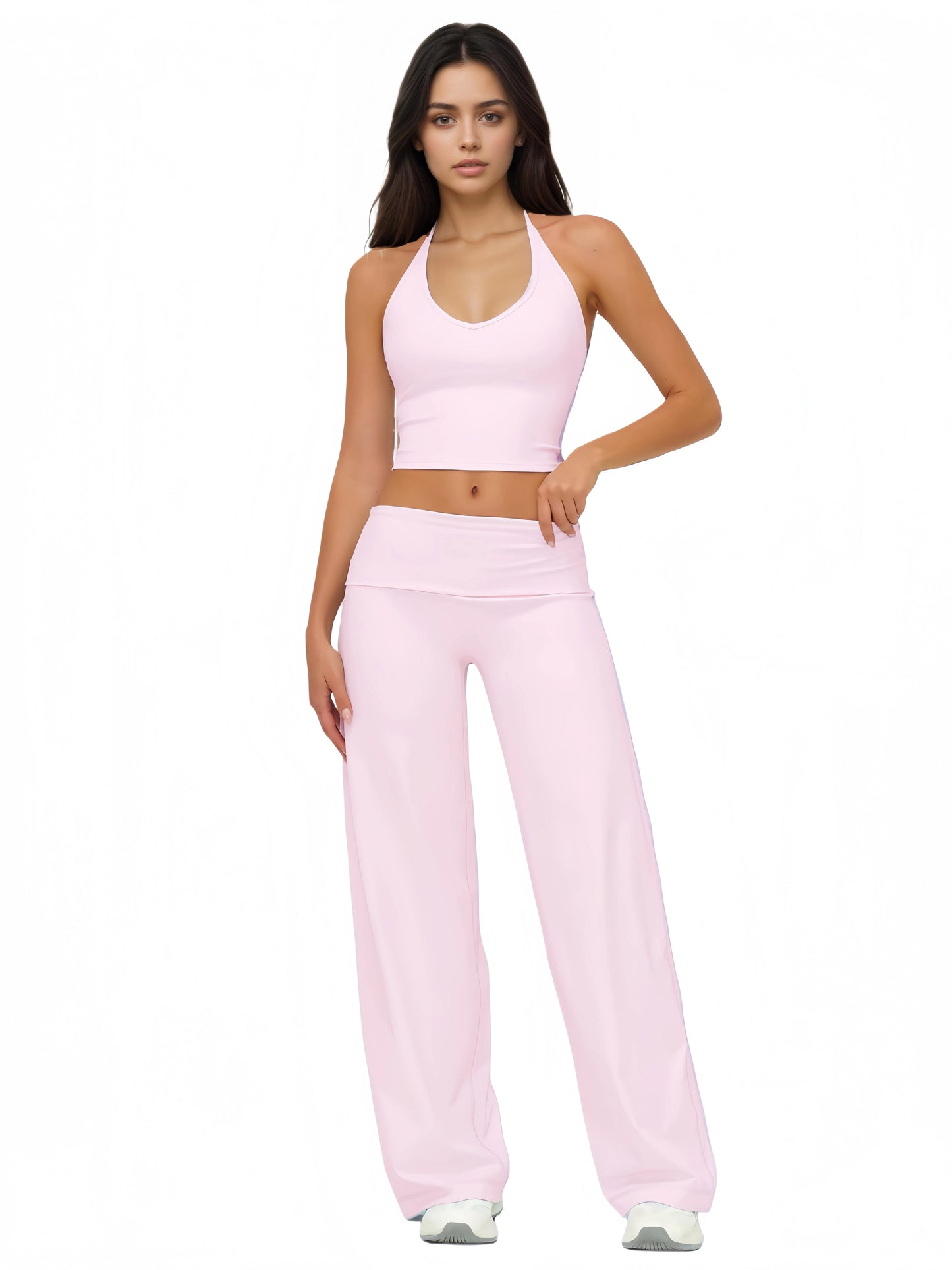 Two Piece Halter Yoga Set With Backless Crop Top Pants