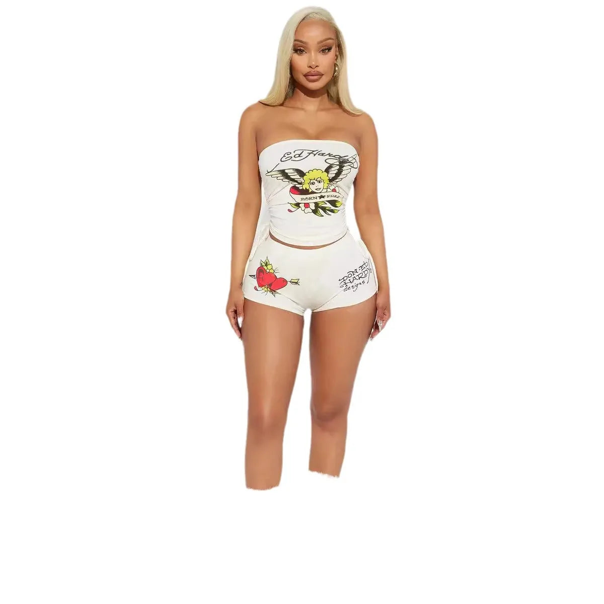 Women Graphic Print Strapless Tube Top Shorts Set Y2K Two Piece Outfit Sexy Bandeau Crop Top High Waist Bodycon Shorts Matching Set Summer Streetwear Going Out Outfit Clubwear Festival Clothes Vacation Beach Casual Co Ord Set