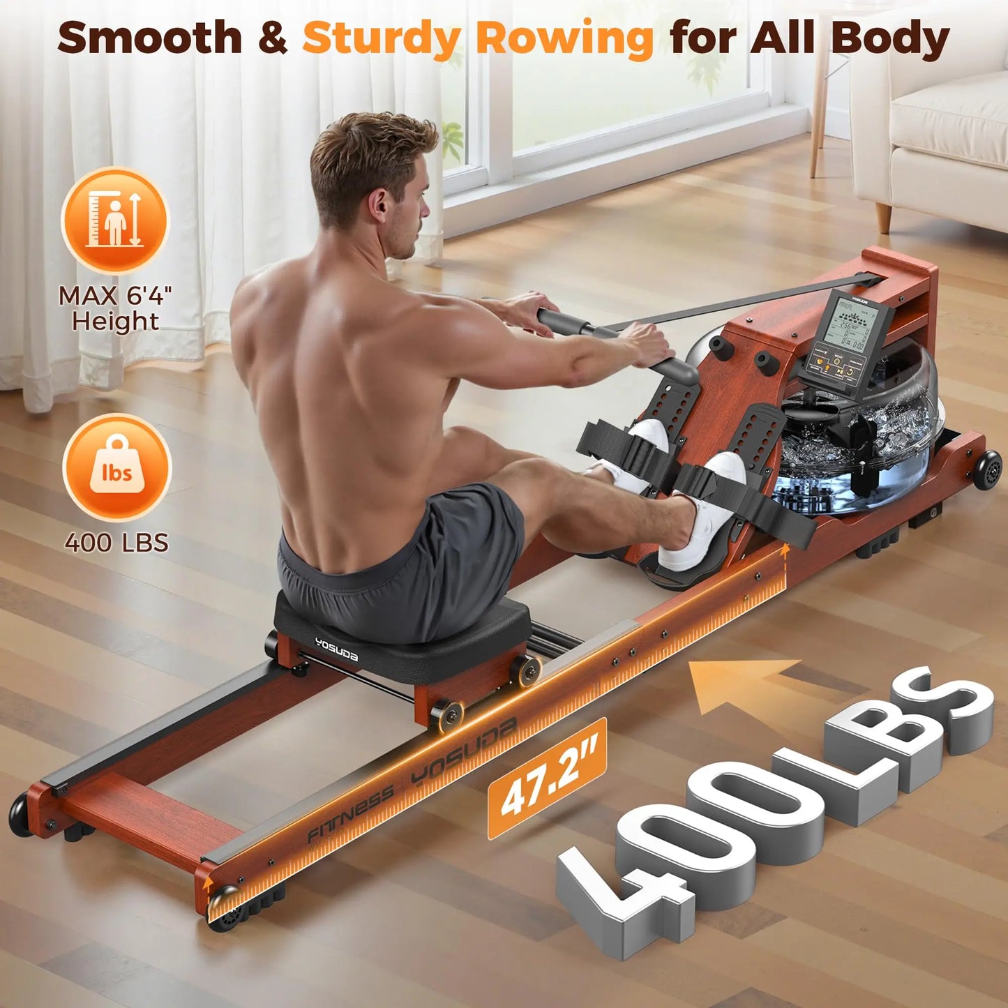 YOSUDA Water Rowing Machine For Home Use Foldable Monitor Bluetooth