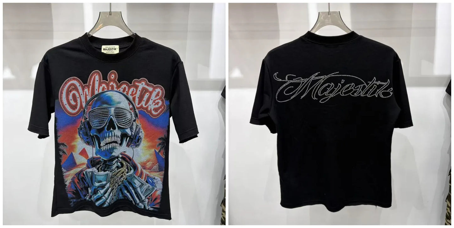 2026 Summer New MAJESTIK Men's T-shirt with Letter Hotfix Rhinestone Print Breathable Lightweight Casual Hip-Hop Style 100% Cotton Men/women T-shirt