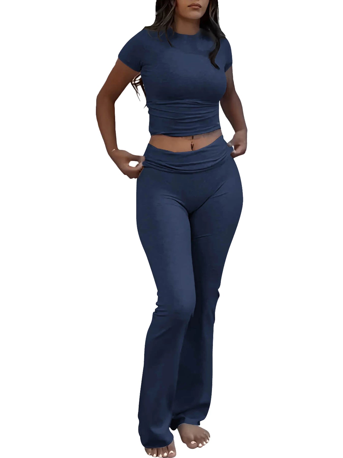 Women's Two Piece Yoga Set Short Sleeve Top Flared Pants