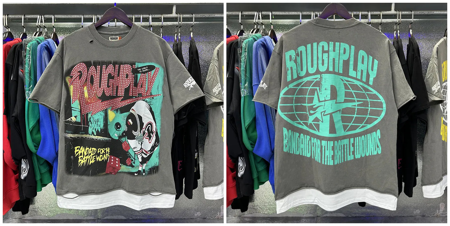 R002# New American Style Rough Play Splicing Shinning Diamond 100% Cotton Short Sleeve Tshirts for Men Women Crew Neck Loose Summer T-shirt Oversized Tees