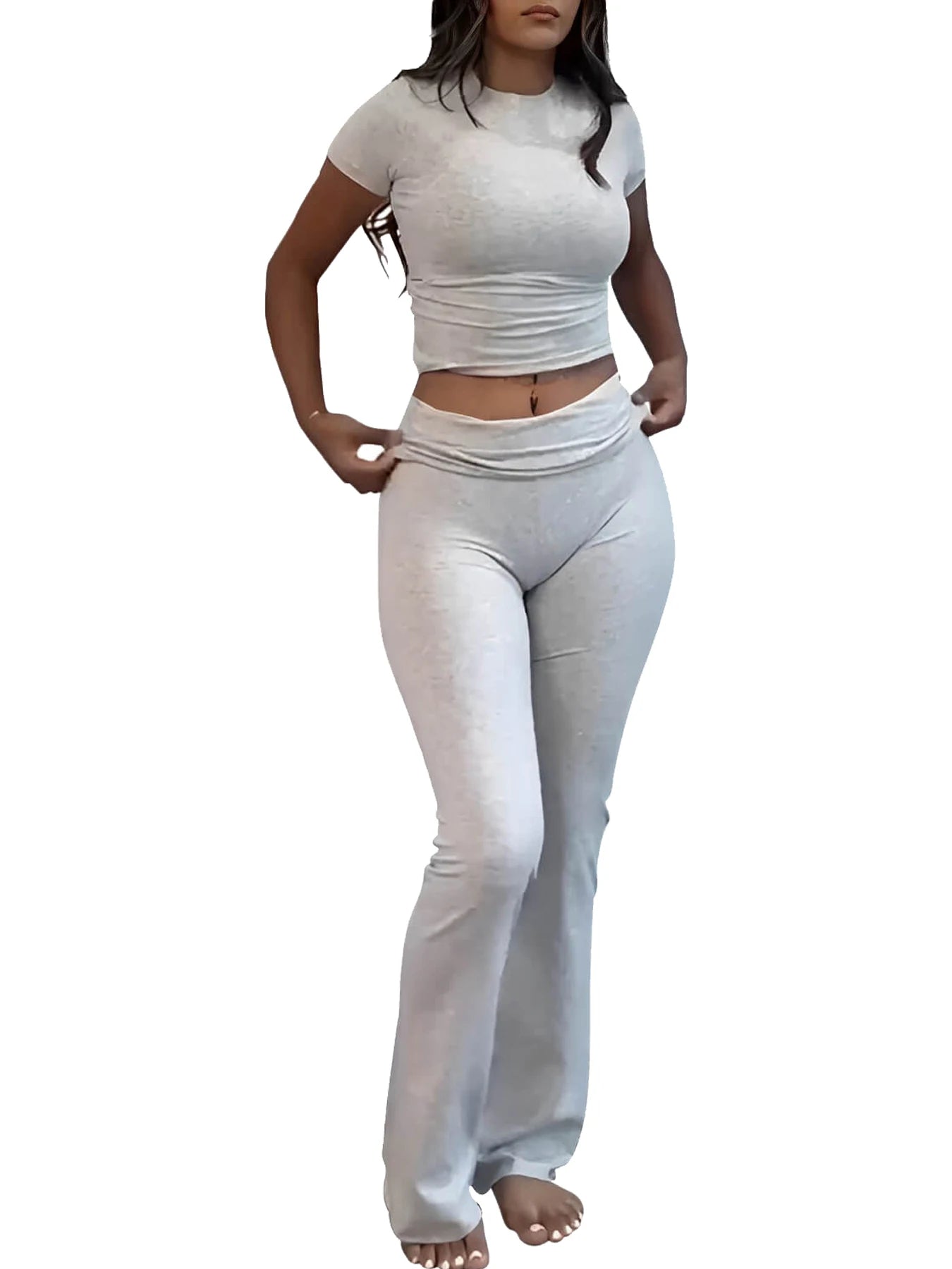 Women's Two Piece Yoga Set Short Sleeve Top Flared Pants