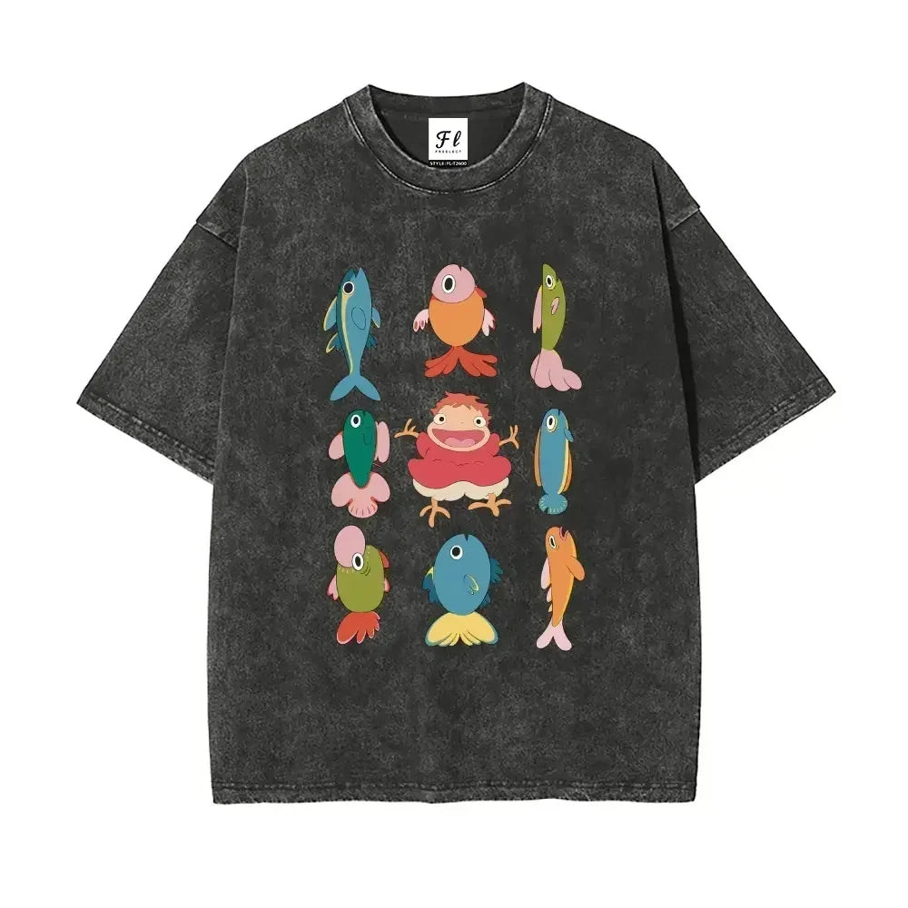 Studio Ghibli Ponyo with Colorful Fish Print Washed T-Shirt
