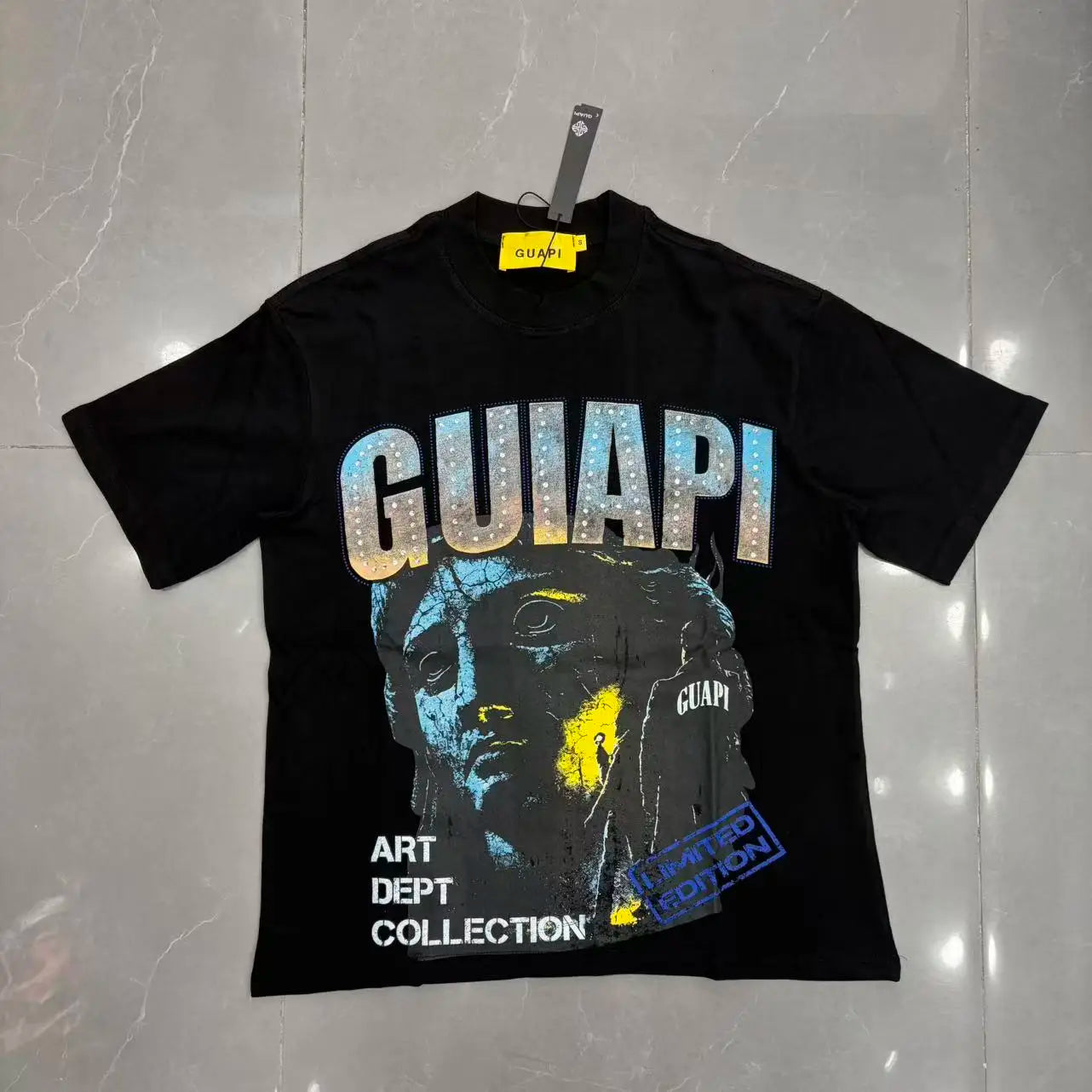 New GUAPI Printed and hotfix rhinestone retro with Washed Oversized 100% cotton Men Women T-shirts Y2K adolescent Fashion T-shirt