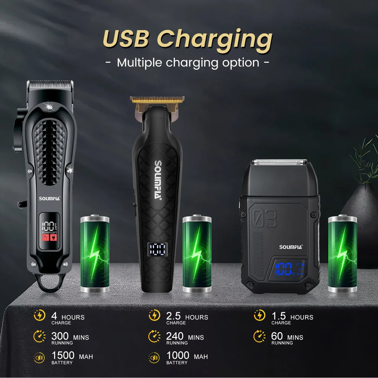 Solimpia Professional Hair Clipper 3 Piece Rechargeable Cordless Set
