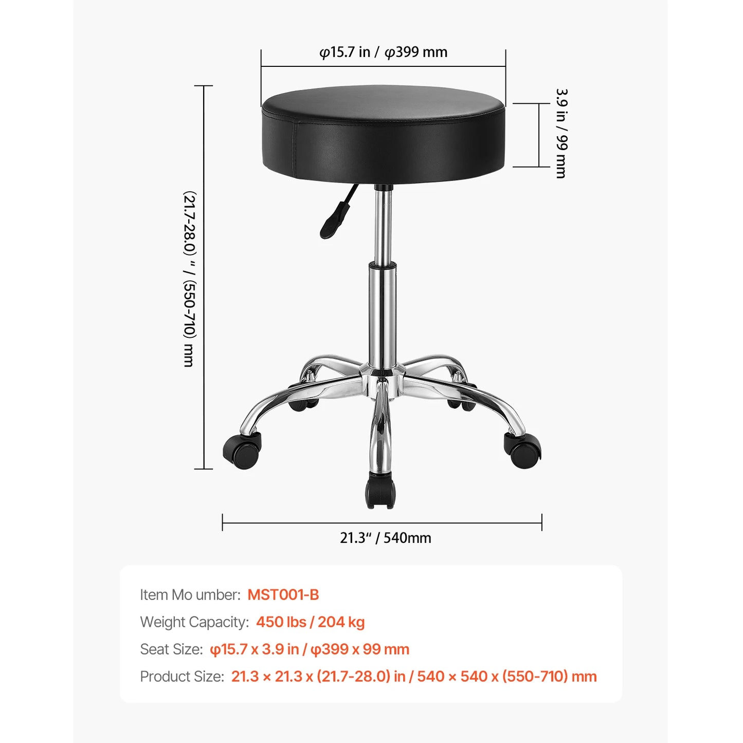 VEVOR Rolling Stool With Wheels Adjustable 450 LBS Capacity