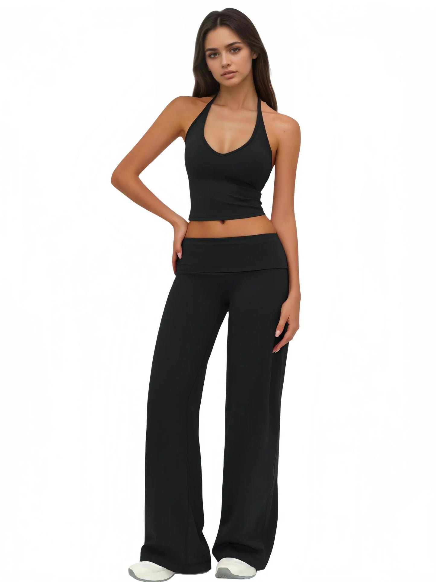 Two Piece Halter Yoga Set With Backless Crop Top Pants