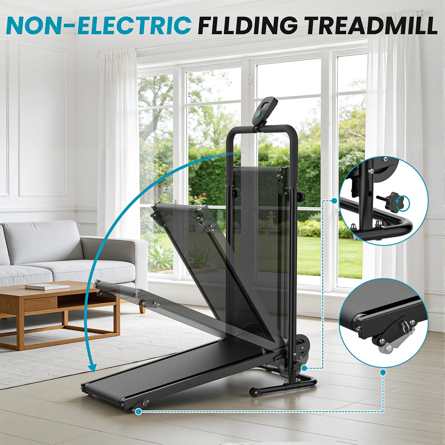 AKLUER Non-Motorized Foldable Treadmill With Dual Flywheel And Fixed Incline