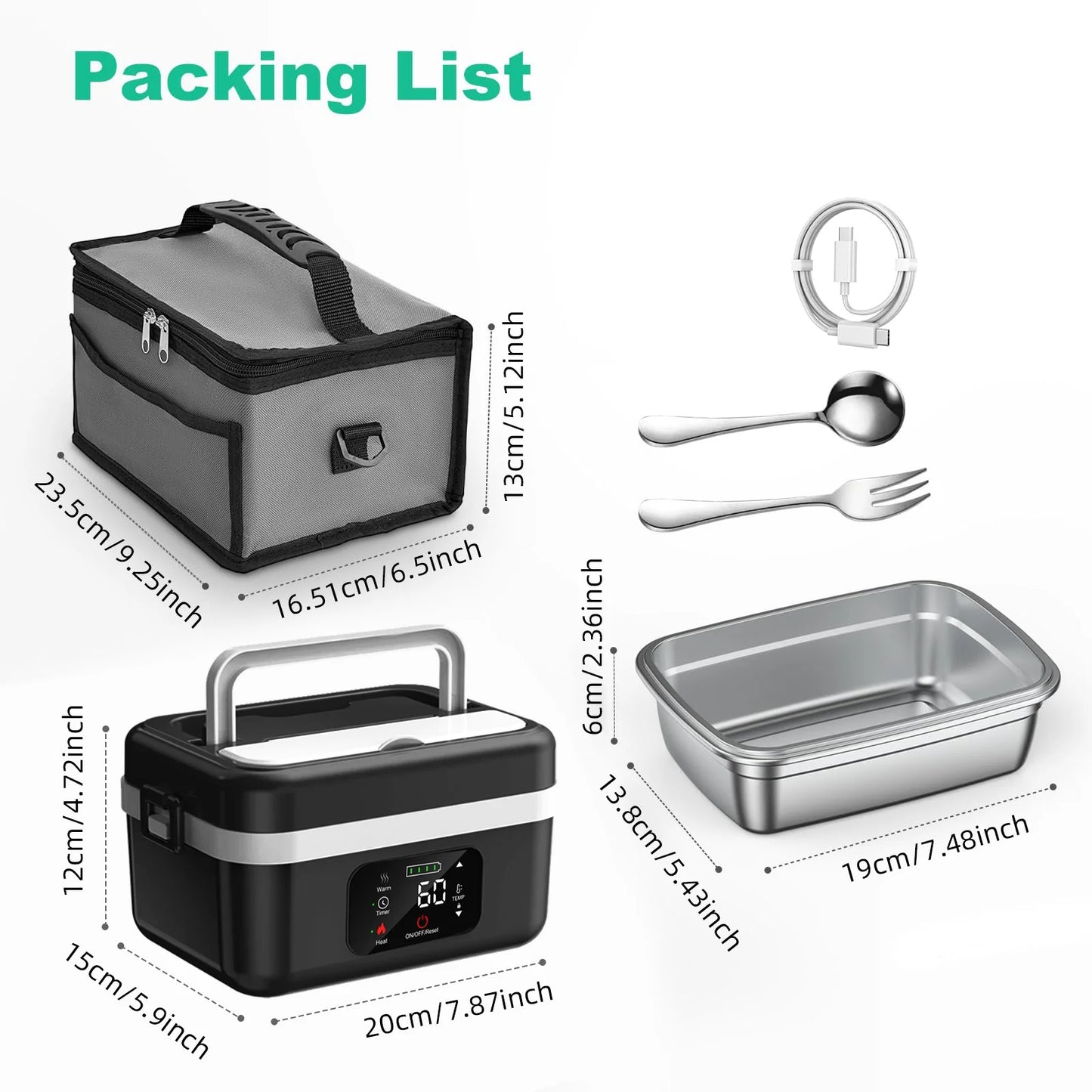 Rechargeable 8000mAh Heated Insulated Lunch Box Portable Warmer With Bag