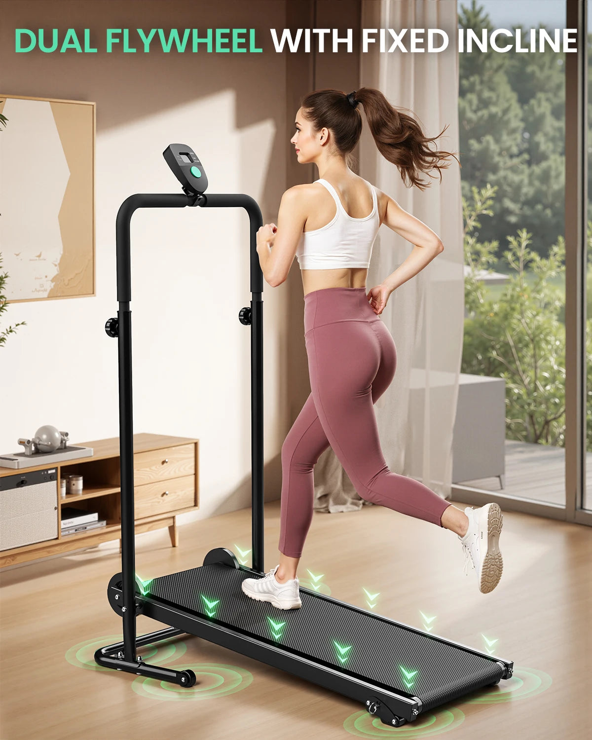 AKLUER Non Electric Treadmill Dual Flywheels Fixed Incline Motorless