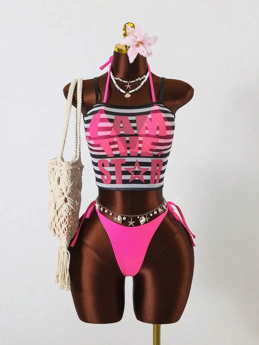 3-Piece Beach Set: Striped Camisole Top With I Am The Star Print, Pink Side Tie Bikini Bottoms, Y2K Style Swimwear
