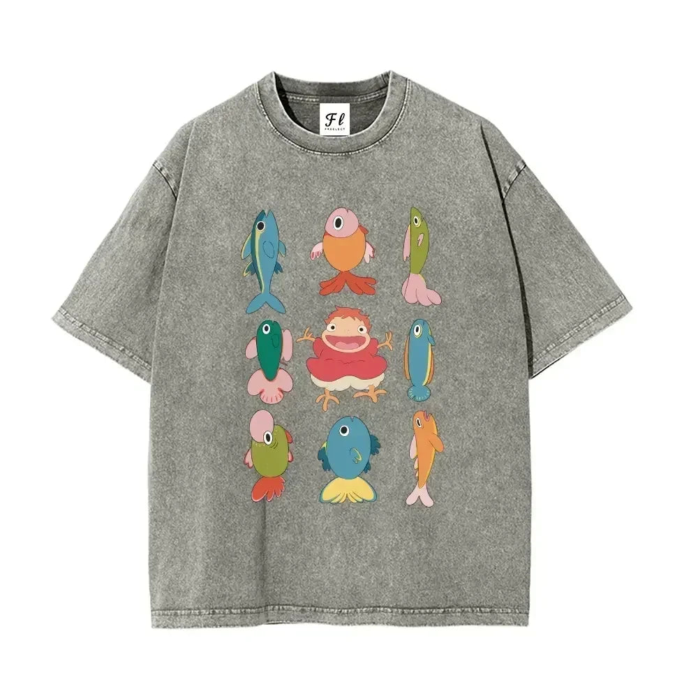 Studio Ghibli Ponyo with Colorful Fish Print Washed T-Shirt