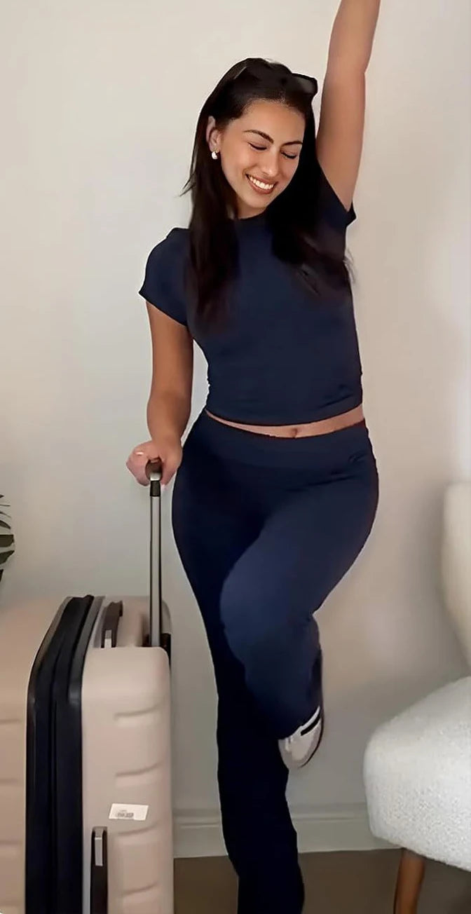 Women's Two Piece Yoga Set Short Sleeve Top Flared Pants