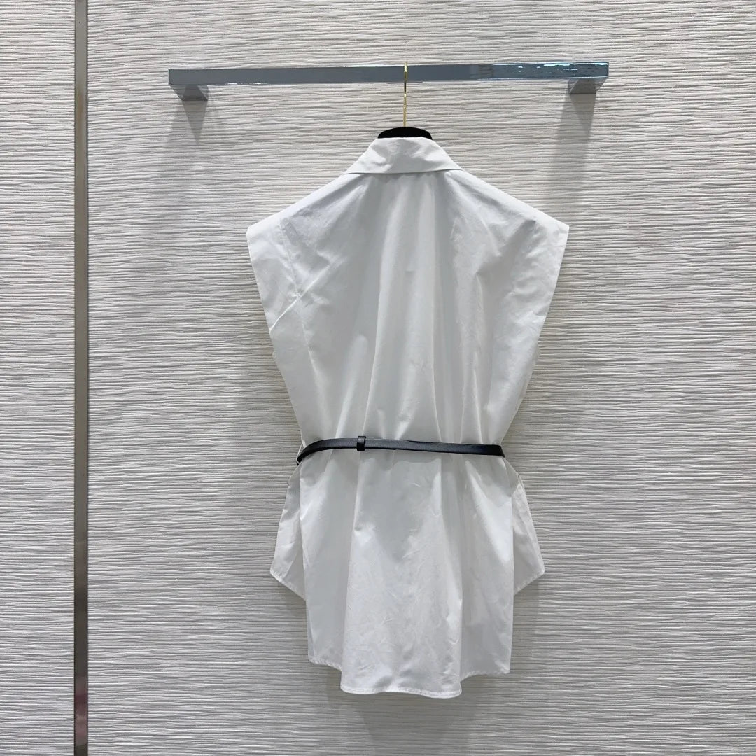 Women Sleeveless Lapel Button Top With Belt Cotton Summer Fashion