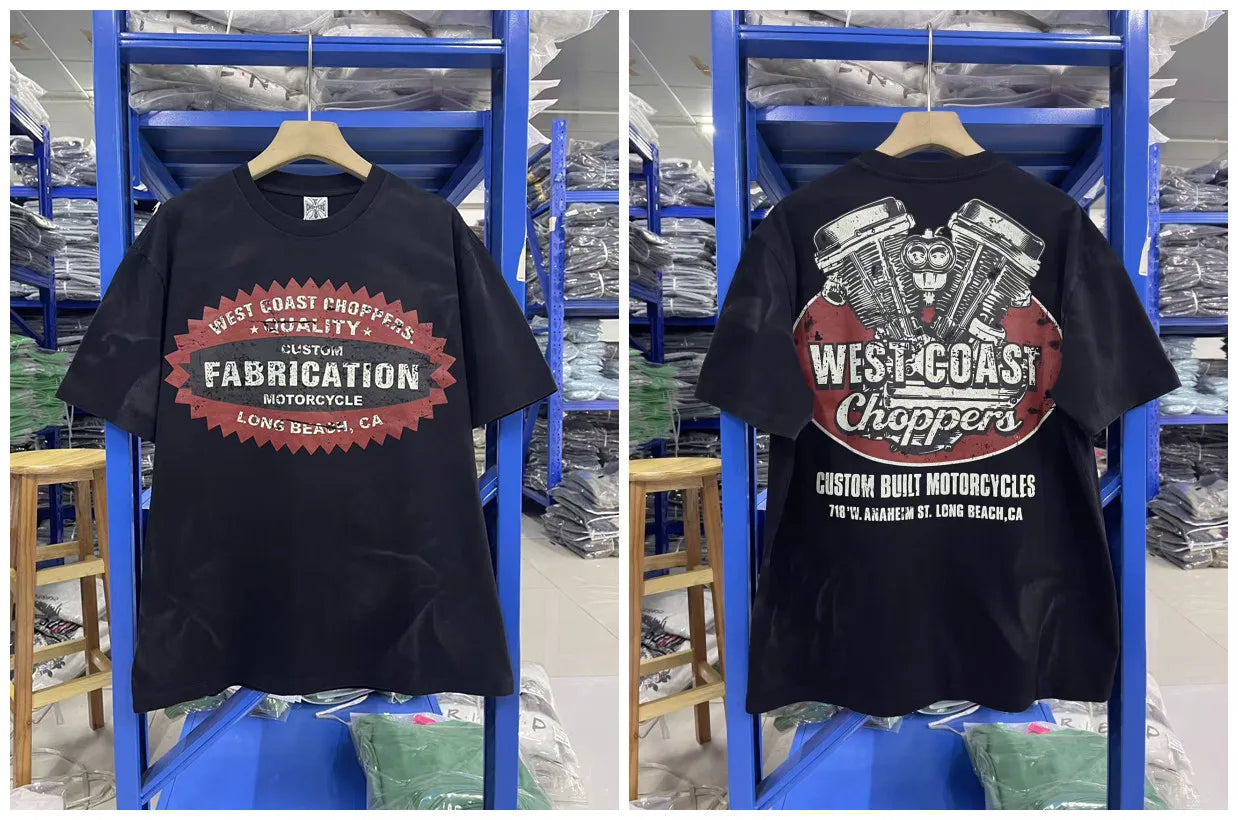 New fashion Y2K West Coast Choppers 26SS 1972 Retro Modified Car Printed Water Washed Vintage Men's Loose T-shirt Large Top
