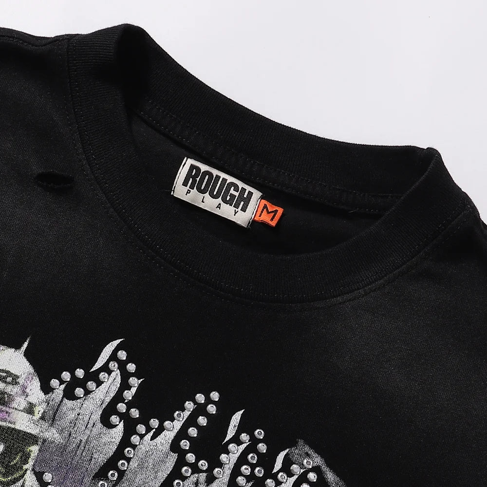 R002# New American Style Rough Play Splicing Shinning Diamond 100% Cotton Short Sleeve Tshirts for Men Women Crew Neck Loose Summer T-shirt Oversized Tees