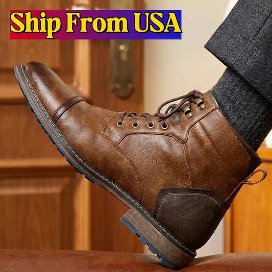 Hecrafted Retro Ankle Leather Boots Zip Closure For Men