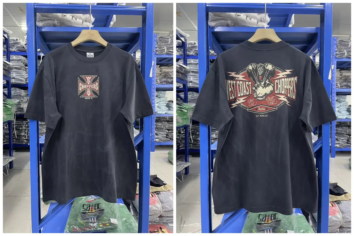 New fashion Y2K West Coast Choppers 26SS 1972 Retro Modified Car Printed Water Washed Vintage Men's Loose T-shirt Large Top