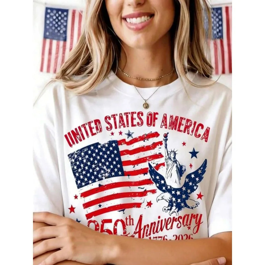 【New style】250th America Anniversary Elegant Women Clothes US 250 Years Shirt Retro Women Clothing 100 Persent Cotton Round Nec