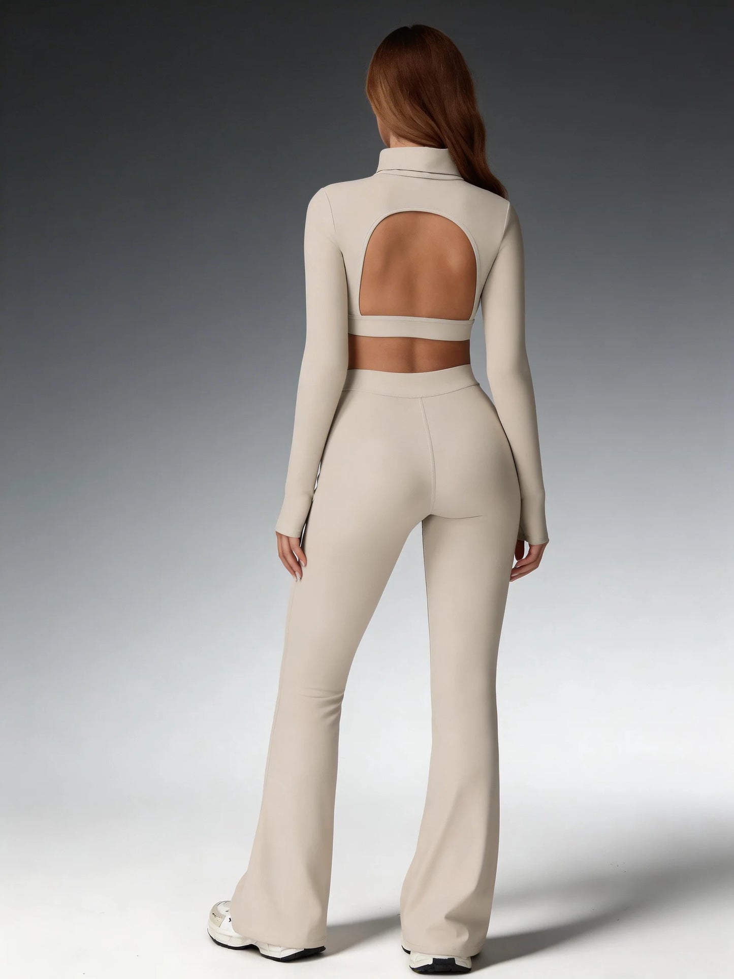 Women's Turtleneck Long Sleeve Yoga Set With Back Cutout Flare Pants