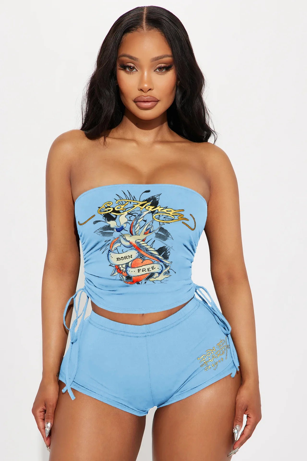 Women Graphic Print Strapless Tube Top Shorts Set Y2K Two Piece Outfit Sexy Bandeau Crop Top High Waist Bodycon Shorts Matching Set Summer Streetwear Going Out Outfit Clubwear Festival Clothes Vacation Beach Casual Co Ord Set