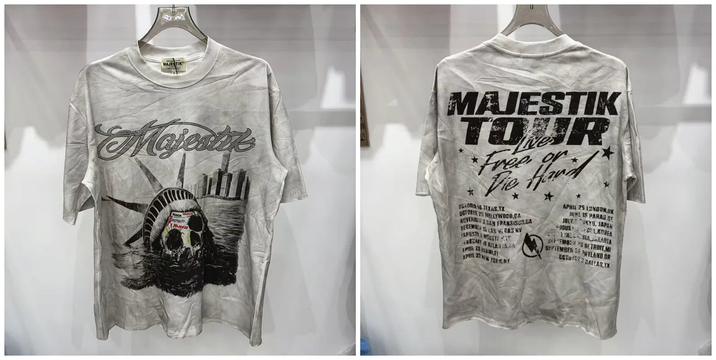 2026 Summer New MAJESTIK Men's T-shirt with Letter Hotfix Rhinestone Print Breathable Lightweight Casual Hip-Hop Style 100% Cotton Men/women T-shirt