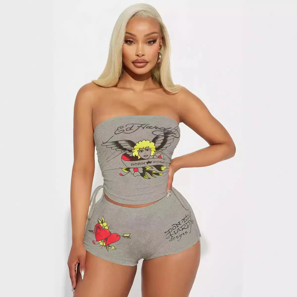 Women Graphic Print Strapless Tube Top Shorts Set Y2K Two Piece Outfit Sexy Bandeau Crop Top High Waist Bodycon Shorts Matching Set Summer Streetwear Going Out Outfit Clubwear Festival Clothes Vacation Beach Casual Co Ord Set