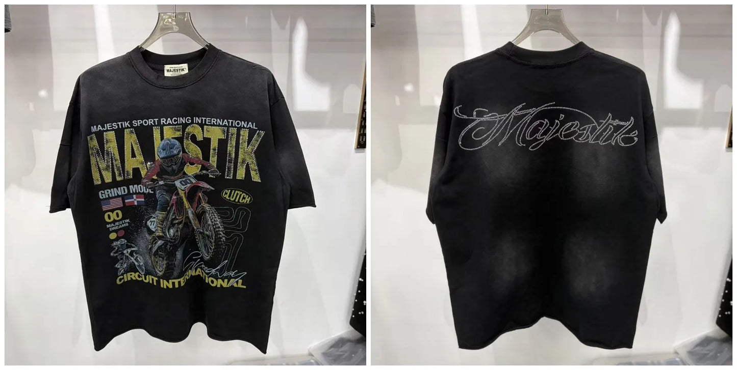 2026 Summer New MAJESTIK Men's T-shirt with Letter Hotfix Rhinestone Print Breathable Lightweight Casual Hip-Hop Style 100% Cotton Men/women T-shirt