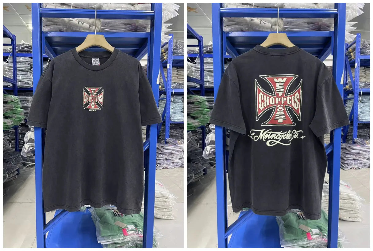 New fashion Y2K West Coast Choppers 26SS 1972 Retro Modified Car Printed Water Washed Vintage Men's Loose T-shirt Large Top