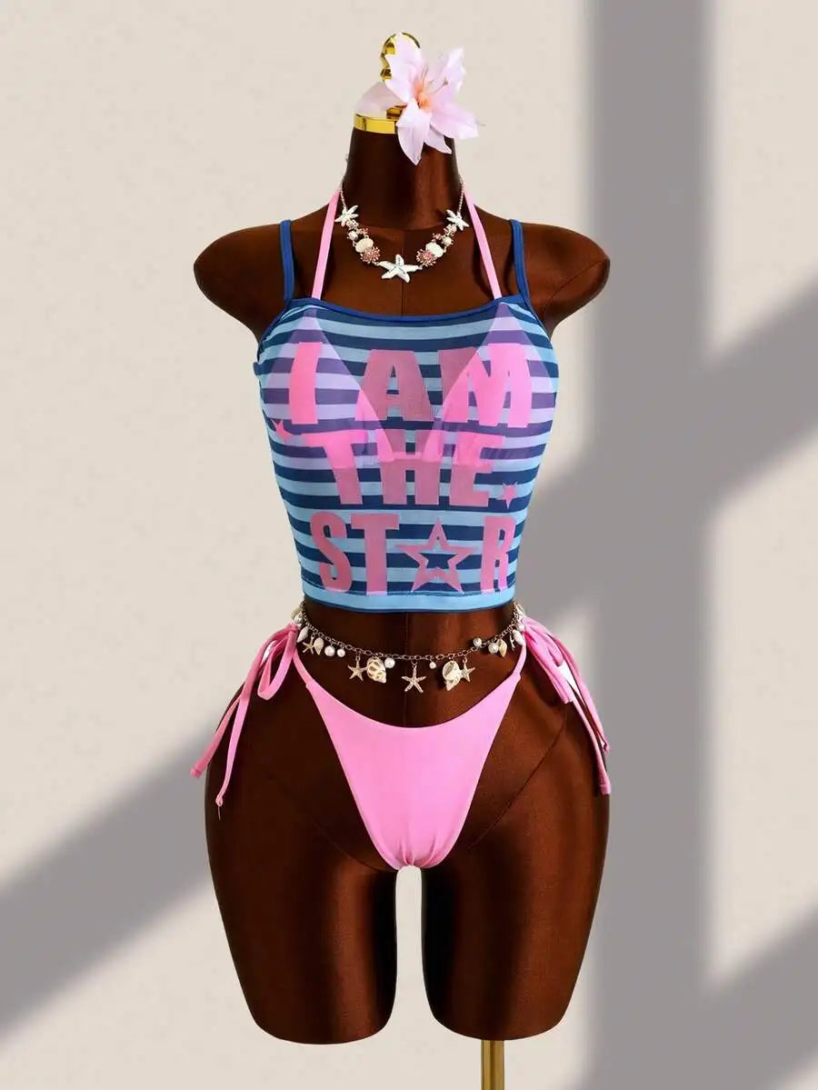 3-Piece Beach Set: Striped Camisole Top With I Am The Star Print, Pink Side Tie Bikini Bottoms, Y2K Style Swimwear