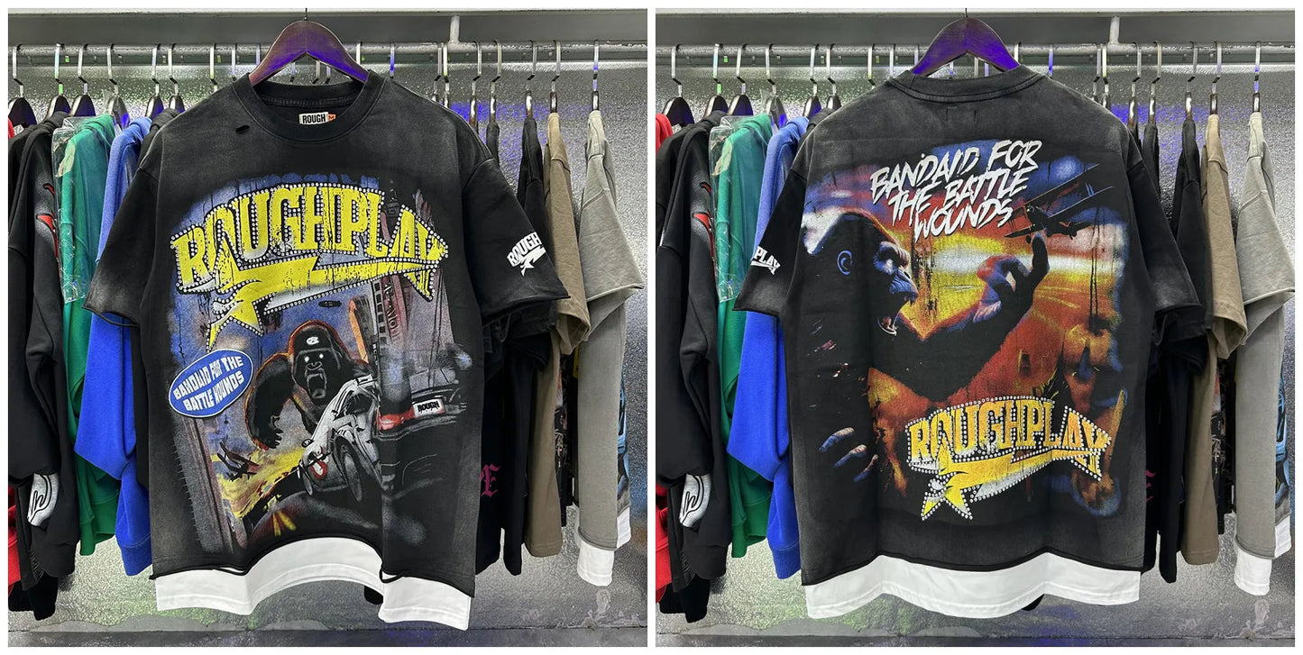 R002# New American Style Rough Play Splicing Shinning Diamond 100% Cotton Short Sleeve Tshirts for Men Women Crew Neck Loose Summer T-shirt Oversized Tees