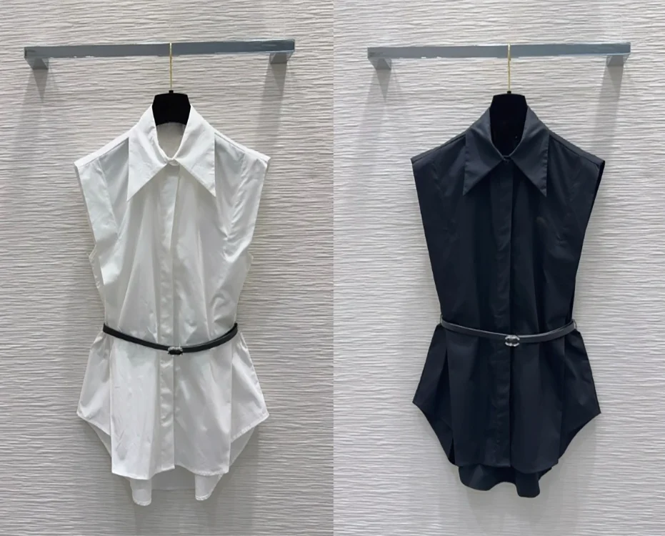 Women Sleeveless Lapel Button Top With Belt Cotton Summer Fashion