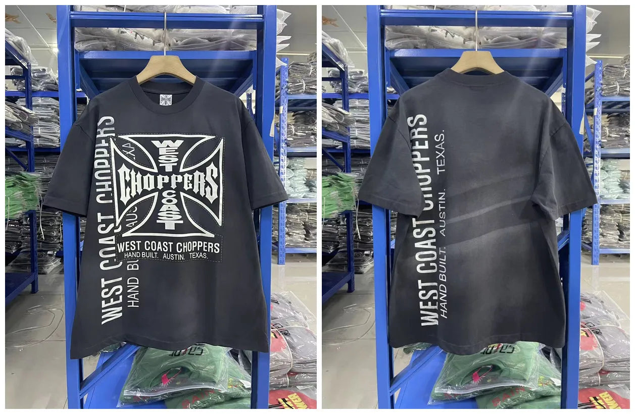 New fashion Y2K West Coast Choppers 26SS 1972 Retro Modified Car Printed Water Washed Vintage Men's Loose T-shirt Large Top