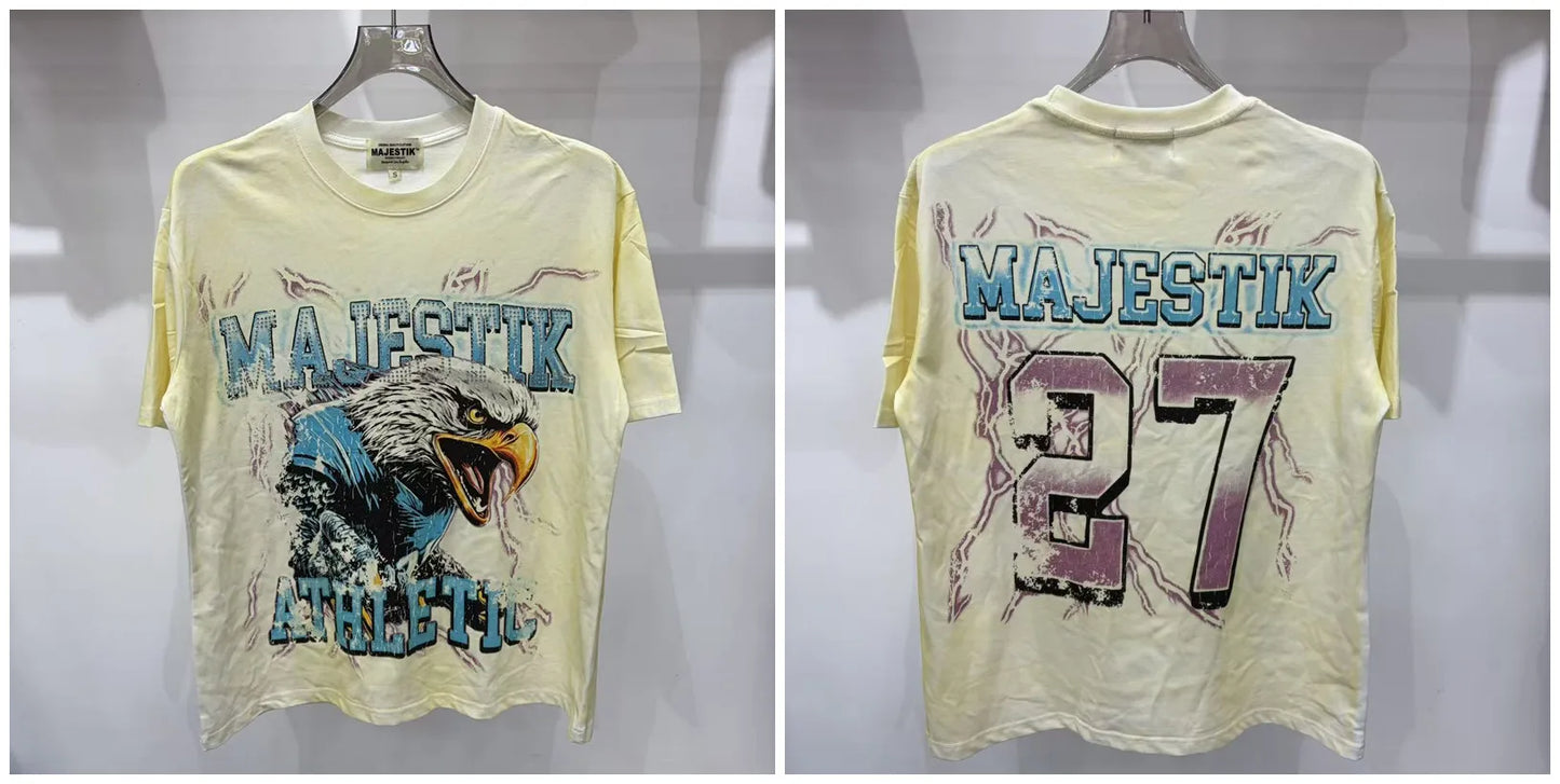 2026 Summer New MAJESTIK Men's T-shirt with Letter Hotfix Rhinestone Print Breathable Lightweight Casual Hip-Hop Style 100% Cotton Men/women T-shirt