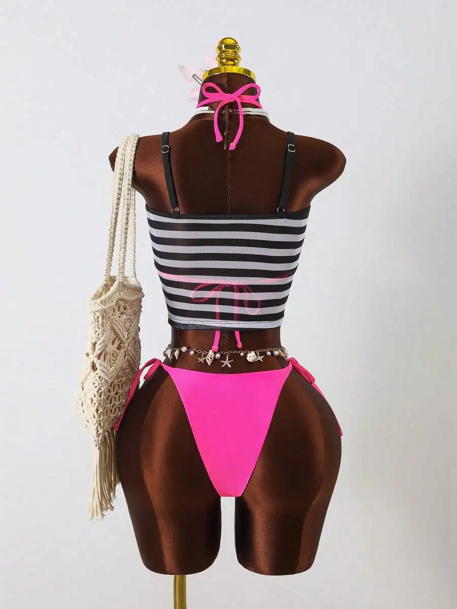 3-Piece Beach Set: Striped Camisole Top With I Am The Star Print, Pink Side Tie Bikini Bottoms, Y2K Style Swimwear