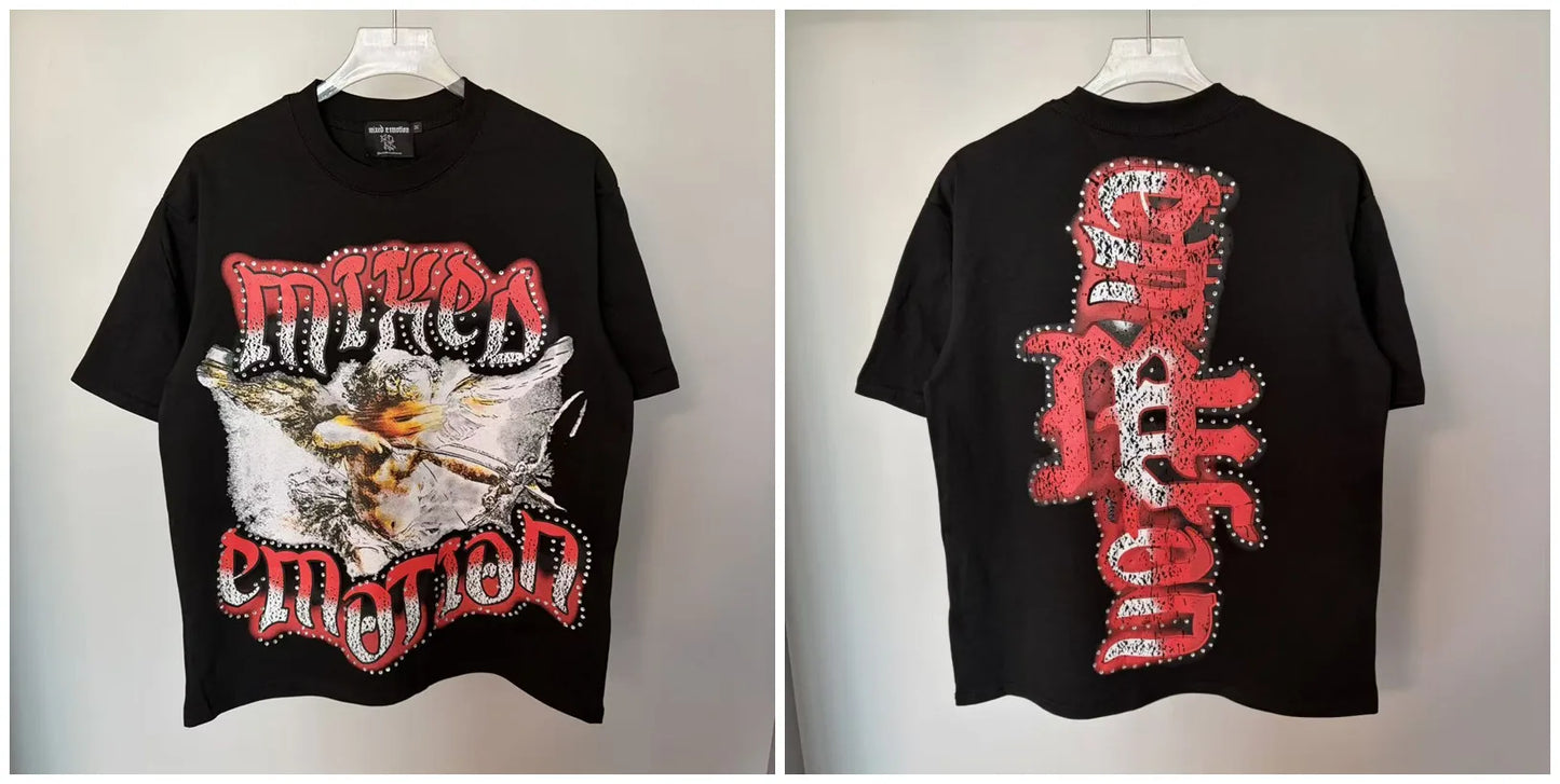 New MIXED-EMOTION Rhinestone printed pattern 100% cotton Men Women T-shirt Loose casual Shinning Diamond Tees Oversized Top
