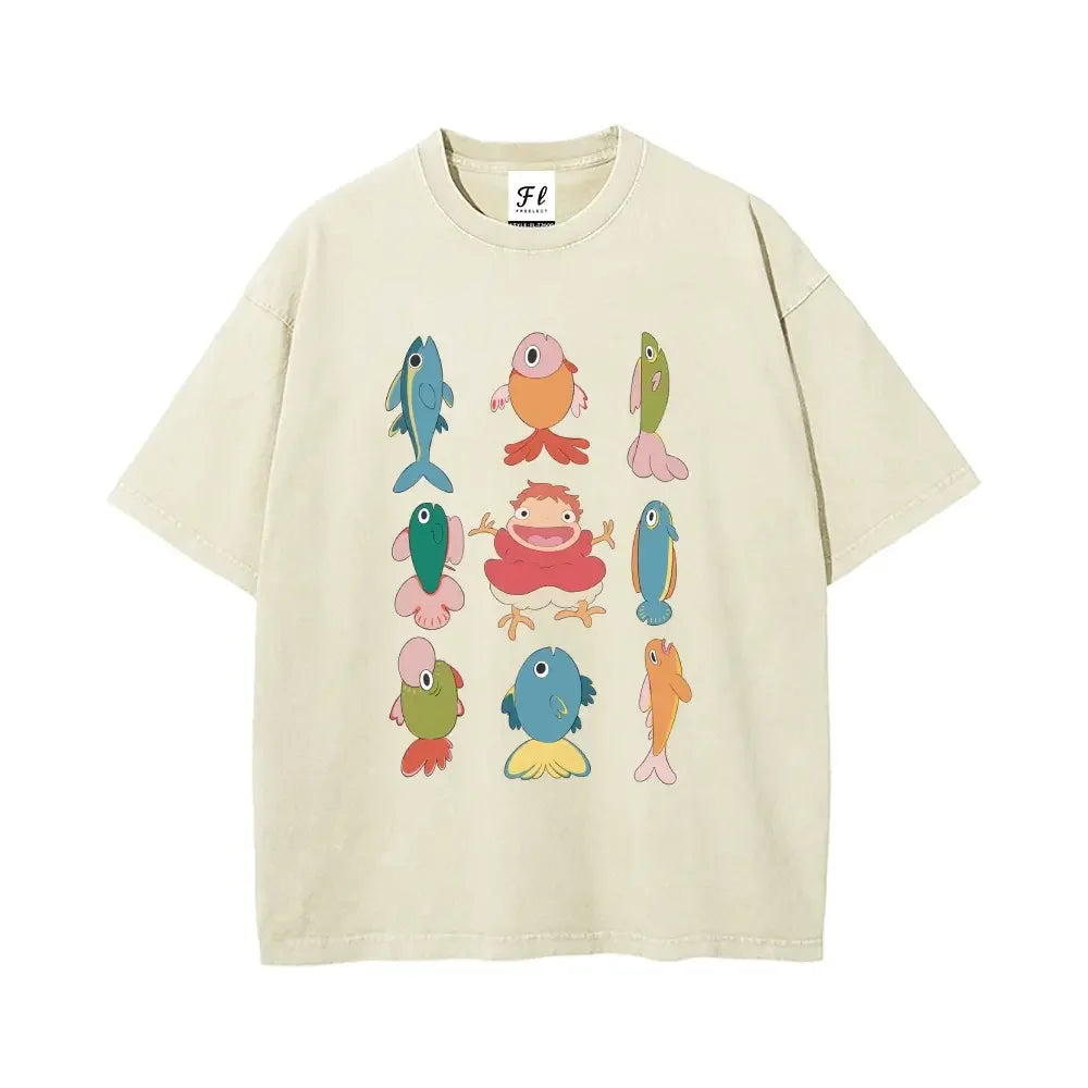 Studio Ghibli Ponyo with Colorful Fish Print Washed T-Shirt