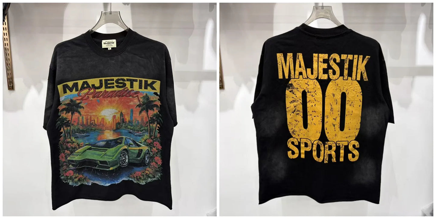2026 Summer New MAJESTIK Men's T-shirt with Letter Hotfix Rhinestone Print Breathable Lightweight Casual Hip-Hop Style 100% Cotton Men/women T-shirt