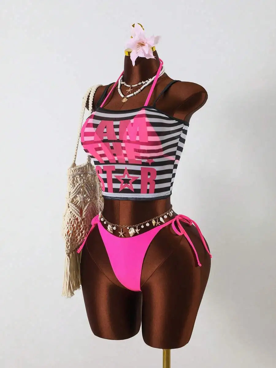 3-Piece Beach Set: Striped Camisole Top With I Am The Star Print, Pink Side Tie Bikini Bottoms, Y2K Style Swimwear