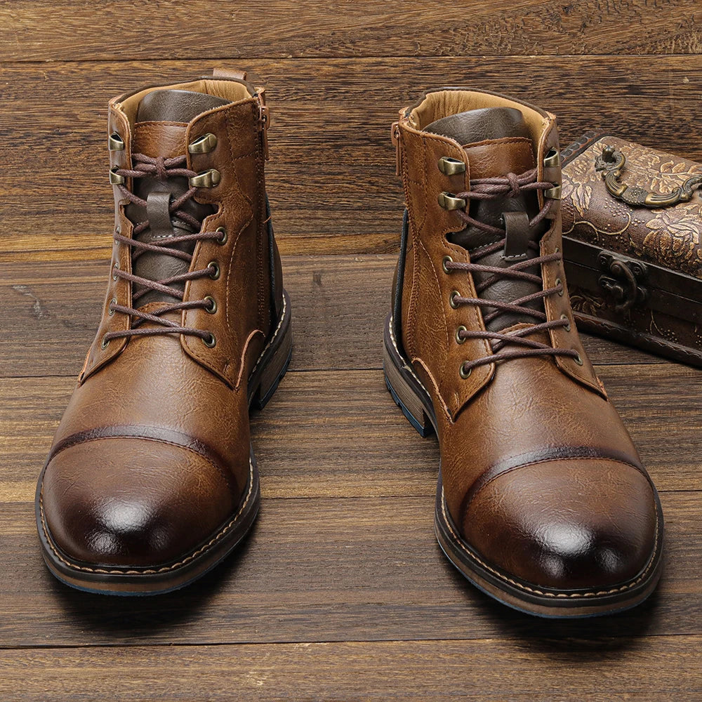Hecrafted Retro Ankle Leather Boots Zip Closure For Men